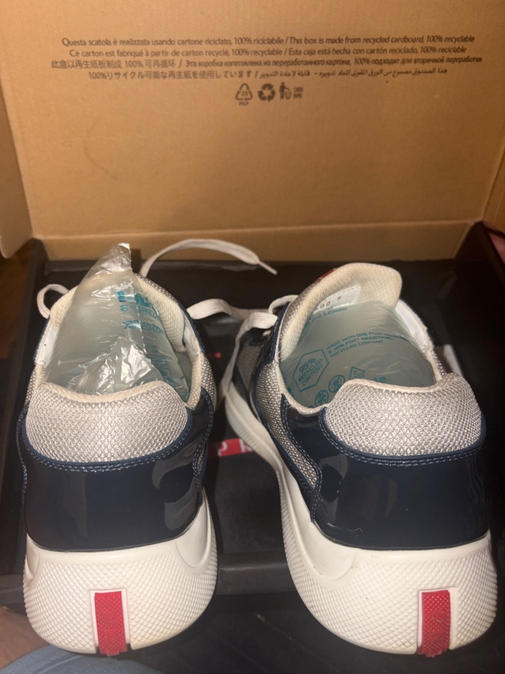 Prada Navy blue Patent & Gray Mesh Sneakers with White Laces and Red Tongue Stri - Picture 6 of 6